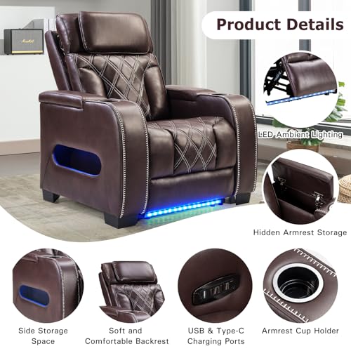 CANMOV Electric Power Recliner Chair, PU Leather Home Theater Seating with Power Headrest, Electric Recliner Sofa Chair with Ambient Lighting,Cup Holders,USB & Type C Ports, Armrest Storage,Brown