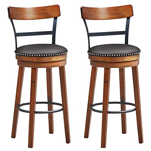 COSTWAY Bar Stools Set of 2, 360-Degree Swivel Stools with Leather Padded Seat, Single Slat Ladder Back & Solid Rubber Wood Legs, Bar Height Stools for Pub, Restaurant, Kitchen, Brown (2, 30.5) COSTWAY