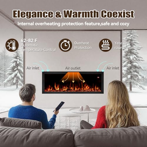 Tuan 60 Inch Electric Fireplace, APP Remote Control Compatible, Wall Mount or in Wall Recessed Fireplace Insert, Color Changing Flames& Embers, Indoor Fireplaces TUAN