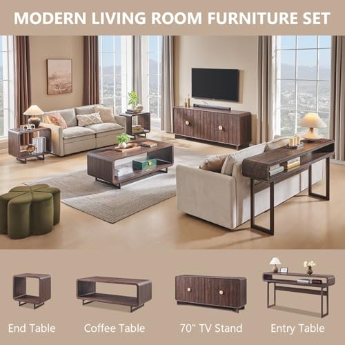 IFGET Modern Buffet Cabinet with Storage, 70" Large Sideboard Buffet Storage Cabinet with 4 Doors and Adjustable Shleves, Wooden Curved Coffee Bar for Dining Room, Kitchen, Living Room, Brown IFGET