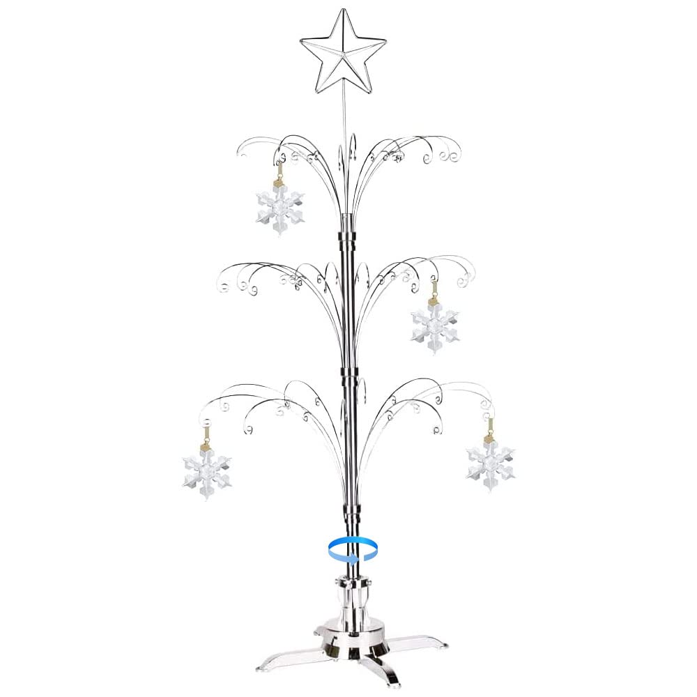 HOHIYA 47 Inch Ornament Display Tree Metal Christmas Stand Rotating Chrome Silver 60 Hooks Hanger Wire Hanging for Swarovski 2024 Crystal Glass Decorations Gift Taiwan Made HOHIYA