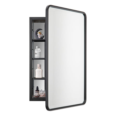 YOOSHINE Black Bathroom Medicine Cabinet with Mirror 17 x 27 Metal Frame Recessed Or Wall Mounted Single Door Storage Medicine Cabinets with Adjustable Shelves Rounded Corner Beveled Mirrors YOOSHINE
