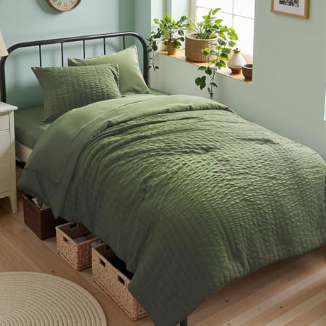 Zzlpp Twin Comforter Set 5 Pieces, Olive Green Seersucker Bed in a Bag with Comforter and Sheets, All Season Bedding Sets with 1 Comforter, 1 Pillow Sham, 1 Pillowcase, 1 Flat Sheet, 1 Fitted Sheet Zzlpp