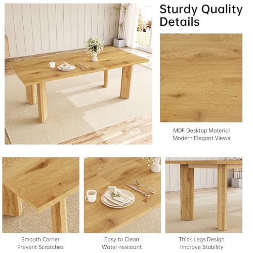 HIPIHOM Extendable Dining Table for 6-8 People, 63 to 78.7 Inch Rectangular MDF Table, Farmhouse Rustic Style, Space-Saving Design for Dining Room, Kitchen, Meeting HIPIHOM