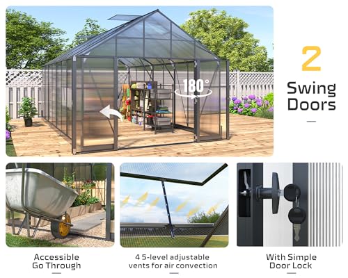 AMERLIFE 10x16x10 FT Polycarbonate Greenhouse Double Swing Doors 4 Vents 6.3FT Added Wall Height, Walk-in Large Aluminum Greenhouse Sunroom Winter Greenhouse for Outdoors, Black