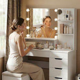 HMYZOM Makeup Vanity with 10 LED Lighted Mirror, White Vanity Desk with Large Desktop, Multi-Drawers & Open Shelves, Modern Vanity Table Makeup Table, 3 Color Modes & Adjustable Brightness HMYZOM