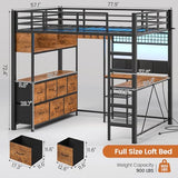 MSmask Full Size Loft Bed with 7 Storage Drawers, Large 2-Cube Bookshelf, L Desk & Charging Station, Metal Loft Bed with LED Lights & Open Shelf, Bed with Safety Guardrail & Ladders, Rustic Brown MSmask
