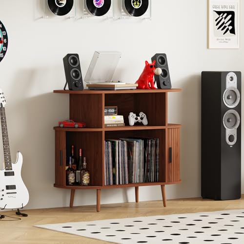 LSHUIZHU Mid Century Modern Record Player Stand with Storage - Large Round Vinyl Storage Cabinet Holds 150+ Records, Turntable Media Console with Fluted Display Shelf for Living Room Bedroom(Walnut) LSHUIZHU