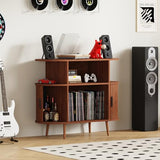 LSHUIZHU Mid Century Modern Record Player Stand with Storage - Large Round Vinyl Storage Cabinet Holds 150+ Records, Turntable Media Console with Fluted Display Shelf for Living Room Bedroom(Walnut) LSHUIZHU