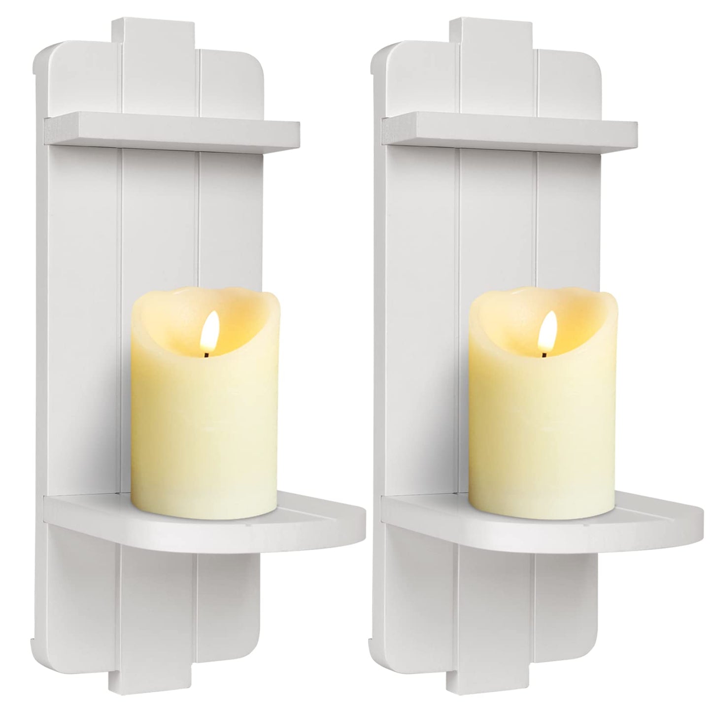 Rustic Wood Wall Sconces Set of 2 - Farmhouse Floating Candle Holders for Home Decor, White Wall Shelf for Living Room, Dining Room, Bedroom, Bathroom - WoodArtSupply