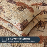 Wake In Cloud - Western Quilt Set, Rustic Ranch Life with Cowboy Southwestern Vintage Country Pattern Printed, Reversible Lightweight Bedspread Coverlet, 3 Pieces, Ochre Brown, Twin/Twin XL Size Wake In Cloud