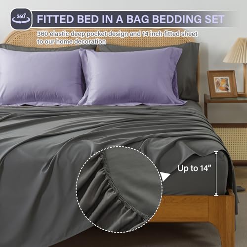 Cosybay Bed in a Bag Queen Reversible Comforter Sets 7pcs All Season Down Alternative Bedding Sets Lavender and Grey with Comforter, Pillow Shams, Flat Sheet, Fitted Sheet and Pillowcase Cosybay