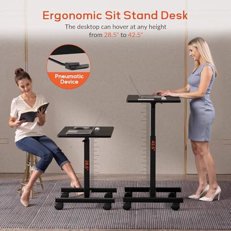 CROWNFURN Mobile Small Standing Rolling Desk Adjustable Height, Portable Laptop Desk on Wheels, Workstation for Home Office with Hook,Black CROWNFURN