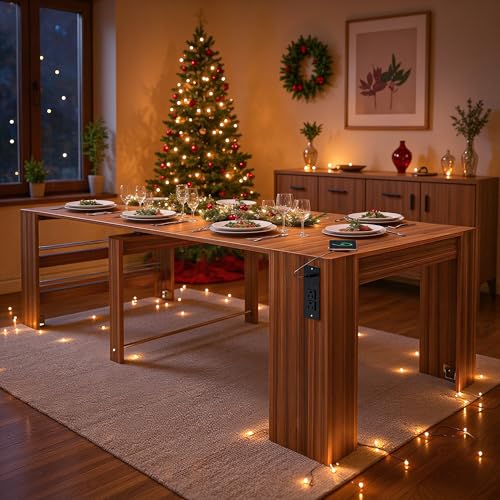 Kikihouse Modern Extendable Dining Table for 2 to 12 People with Outlet, Space Saving Expanding Table with Storage for Party, Weddings, Meetings, Celebrations (Brown) Kikihouse