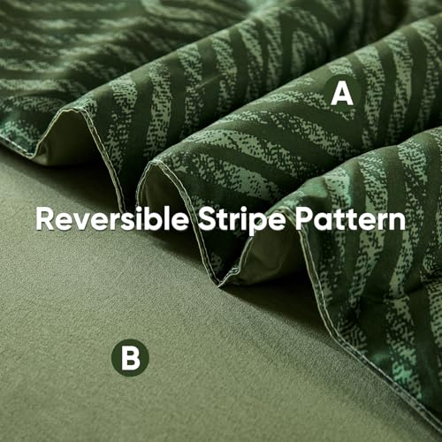 Drucon Christmas Olive Green Striped Comforter Set Queen Size 7 Pieces Reversible Bedding Set, Boho Bed in a Bag, Soft Microfiber Comforter and Sheet Set for All Season Drucon