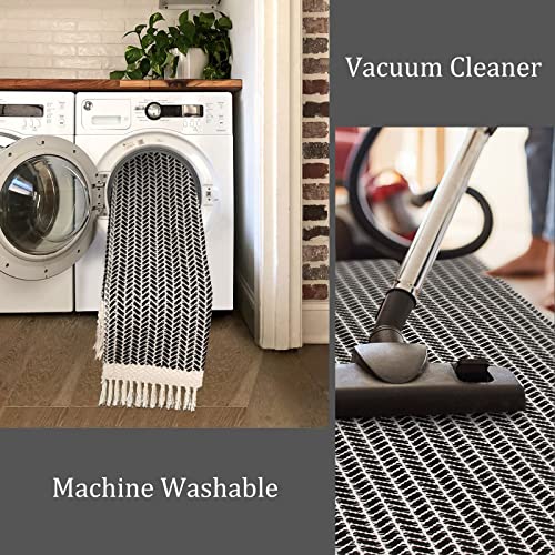 Lahome Boho Bathroom Rugs, Small 2x3 Front Door Mat Lightweight Kitchen Rug Woven Cotton Area Rug with Tassels, Farmhouse Washable Black and White Throw Rug Low Pile Carpet for Entry Laundry Lahome