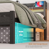 JUISSANO Twin Size Bed Frame with Charging Station and LED Lights,Black Metal Twin Bed Frame with Headboard Storage Shelf,Single Bed Frames with Under Bed Storage,No Box Spring Needed,Easy Assembly JUISSANO
