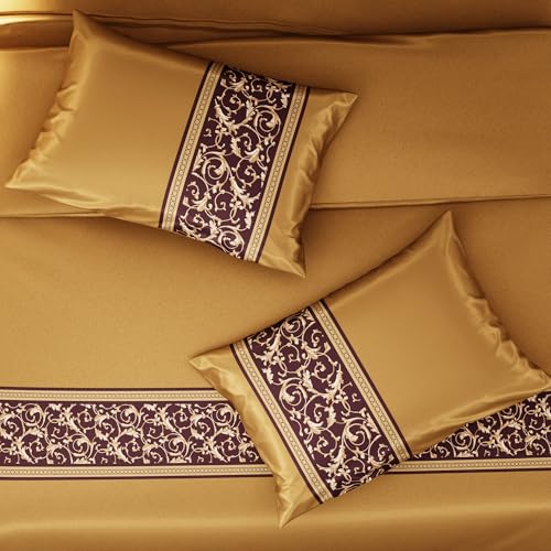 Stoa Paris King Duvet Cover Set 3PCs, 300TC Silk-Like All-Season Luxury Satin Bedding, Skin & Hair Safe, Home Decor, Hidden Zipper + 2 Pillow Shams 20x40”, No Comforter Included, Versailles - Gold Stoa Paris