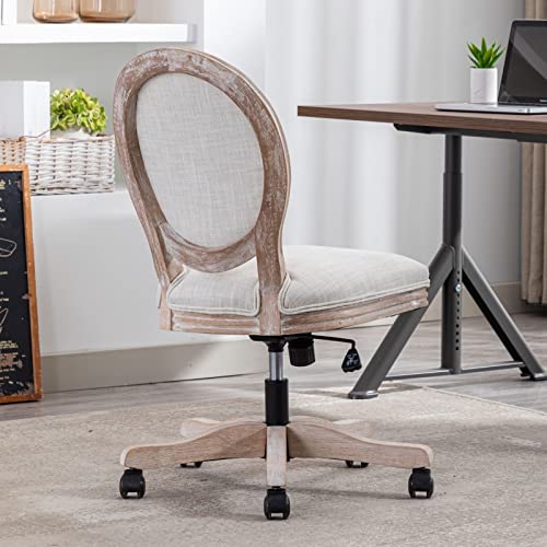 LukeAlon Vintage Linen Office Chair, Adjustable Height Swivel Task Chair with Wood Frame Armless Desk Chair with Wheels Upholstered Round Back Vanity Chair for Home Office Study Room, Beige LukeAlon