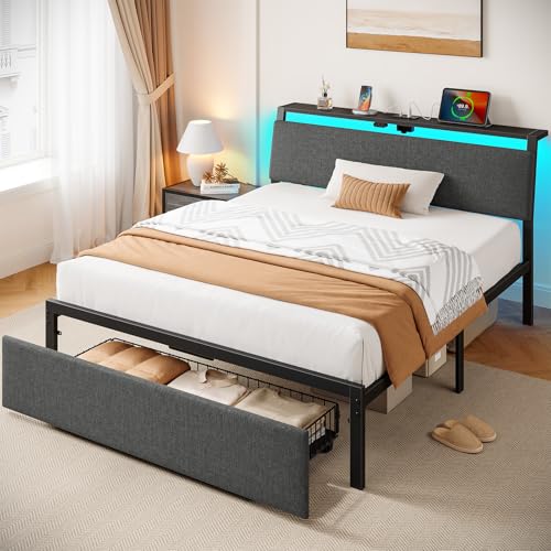 Rolanstar Twin Bed Frame with Ergonomic Headboard Storage & Charging Station, Upholstered Platform Bed with LED Light & Drawer, Heavy Duty Metal Slats, Noise Free, No Box Spring Needed, Grey Rolanstar