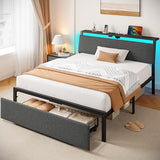 Rolanstar Twin Bed Frame with Ergonomic Headboard Storage & Charging Station, Upholstered Platform Bed with LED Light & Drawer, Heavy Duty Metal Slats, Noise Free, No Box Spring Needed, Grey Rolanstar