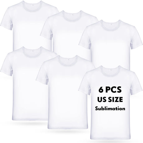 Handepo 6-Pack Men's White Polyester Sublimation Blank T-Shirts, Short Sleeve Crew Neck, Size L for Printing Handepo