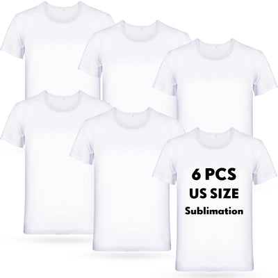 Handepo 6-Pack Men's White Polyester Sublimation Blank T-Shirts, Short Sleeve Crew Neck, Size L for Printing