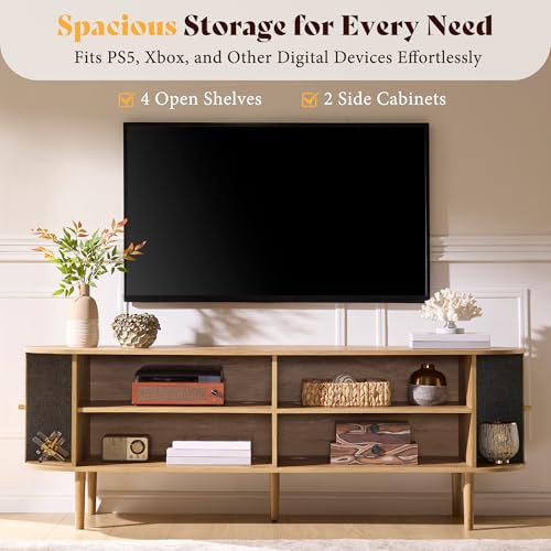 AMERLIFE 70" Mid-Century Modern TV Stand, TV Console Table for TVs up to 80 Inch, Fluted Wood Media Console with Storage, Solid Wood Legs, Natural Oak AMERLIFE
