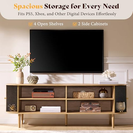 AMERLIFE 70" Mid-Century Modern TV Stand, TV Console Table for TVs up to 80 Inch, Fluted Wood Media Console with Storage, Solid Wood Legs, Natural Oak AMERLIFE
