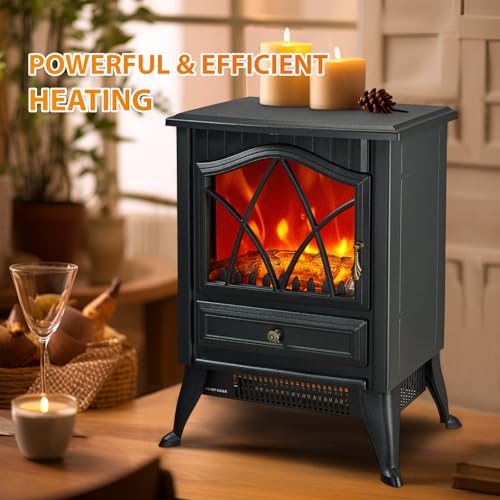 KINSING Freestanding Electric Fireplace Stove Heater, 1500W with Realistic 3D LED Flame Effect, Adjustable Brightness & Thermostat, 2 Heat Settings, Overheat Protection, for Home Indoor Use KINSING