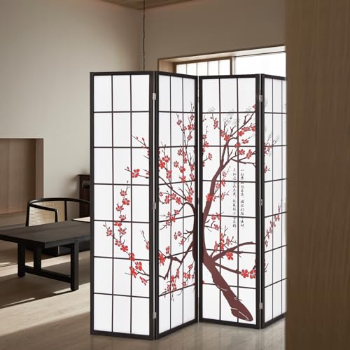 Giantex Room Divider, 4 Panel 6FT Room Dividers, Folding Privacy Screen, Oriental Shoji Screen for Room Separation, Portable Freestanding Japanese Wall Partition with Plum Blossom Design, White Giantex