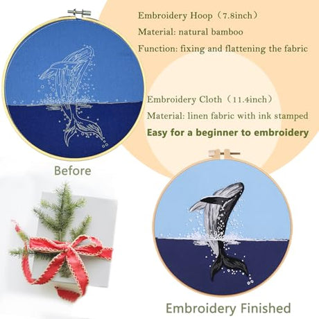 Picoey Embroidery Kit for Beginners with Animal Pattern and Instructions,4 Pack Cross Stitch Kits,2 Wooden Embroidery Hoops,Threads and Needles,Needlepoint Kit Picoey