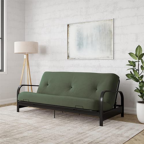 DHP Brax Black Metal Arm Full Size Futon Frame with 6" Thermobonded High Density Polyester Fill Army Green Futon Mattress