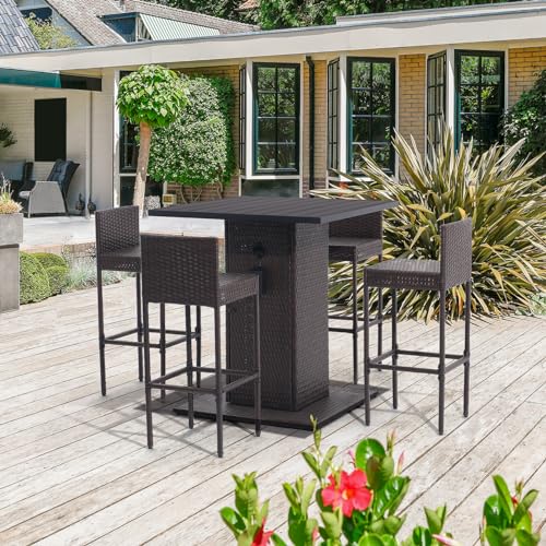 Koruiten 5-Piece Outdoor Wicker Bar Set with Built-in Bottle Opener and Hidden Storage - Brown Koruiten