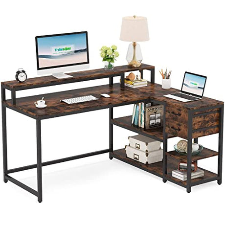 Tribesigns Rustic L Shaped Desk with Drawers and Shelves for Home Office Tribesigns