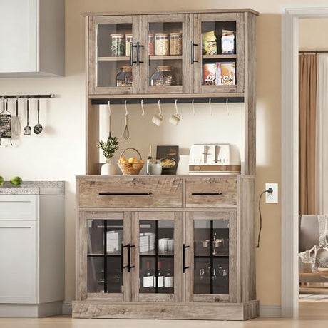 DWVO 71'' Tall Kitchen Pantry Storage Cabinet with Charge Station, Farmhouse Glass Display Food Pantry Hutch with Microwave Stand & Hooks & Drawers & Shelves for Home Living Dining Room, Lvory Grey DWVO