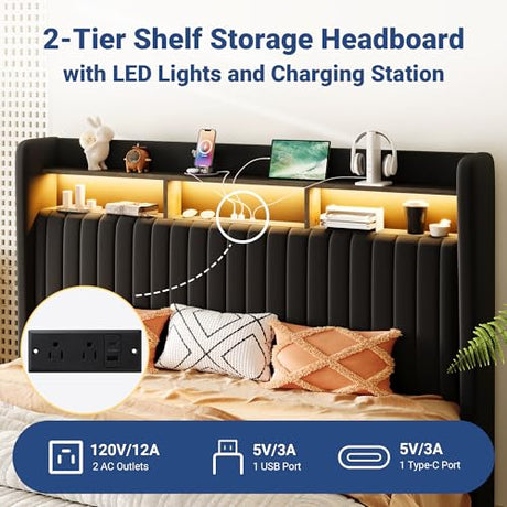 Allewie King Size Lift Up Hydraulic Storage Bed Frame, 2-Tier Shelf Headboard with LED Lights and Charging Station, USB and Type C Ports, Wingback Velvet Headboard, No Box Spring Needed, Black Allewie