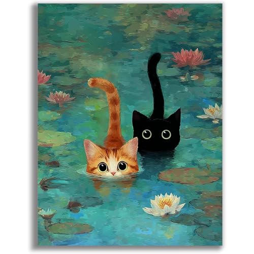 Cat Stamped Cross Stitch Kits for Adults,Pond Cat Patterns Dimensions Needlepoint Art Crafts,Counted Cross Stitch Kits Embroidery Kits for Beginners Adults for Home Decor 11.8x15.8 inch