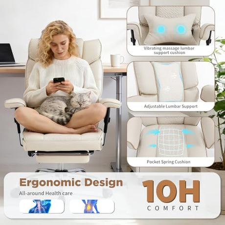 Comermax Massage Office Chair with Foot Rest, Wide Seat Heavy Duty Comfy Home Office Desk Chair, 500lbs Big Tall Reclining Office Chairs for Heavy People, White Comermax