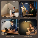LED Floor Lamp for Living Room, Bright Reading Lamps for Office, Adjustable Colors Temperatures&Brightness, Dual Head Goose-Neck Standing Lamp, Remote and Button Control, Eye Caring Tall Lamp, Black VrimNowit