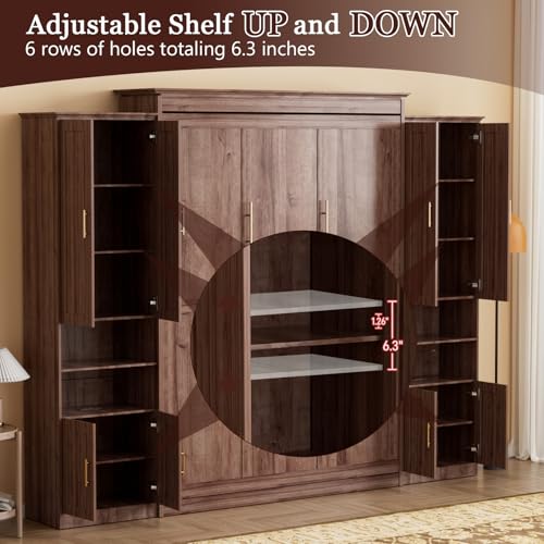BEQAI Queen Murphy Bed with Storage Cabinets & 6 Adjustable Shelves, Foldable Space-Saving Queen Wood Wall Bedframe with USB Charging Port, Hidden Bedframe for Guest Room, Study, Home, Bedroom, Walnut BEQAI