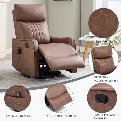 High Back Massage Recliner with Heat - Swivel Rocking Chair for Small Spaces, Manual Lazy Boy Recliner for Adults, Perfect for Living Room & Bedroom, Soft Fabric (Brown)
