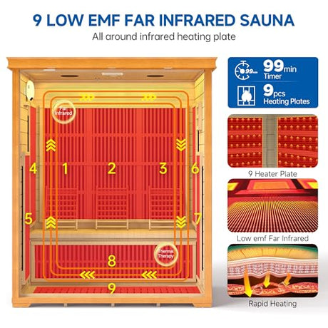 RESTISLAND 3 Person Infrared Sauna, Indoor Far Infrared Saunas for Home, 2240W Low EMF Canadian Hemlock Wooden Dry Sauna Room with 7 Chromotherapy Lamp, Bluetooth Speakers, 20 Amps RESTISLAND