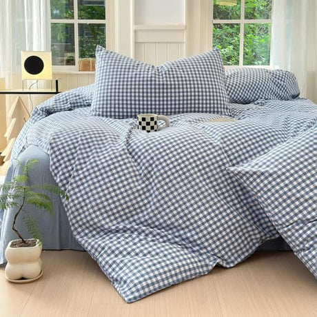 Blue Gingham Comforter Set Queen Modern Plaid Checkered Pattern Comforter 3 Pieces Blue Grid Comforter with 2 Pillowcases Soft Fluffy Gingham Bedding Set Farmhouse Plaid Comforter Set for All Seasons LifeTB
