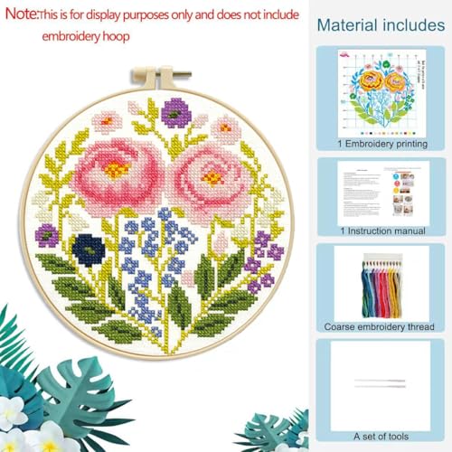 LSLFQYQSK Beginners Embroidery Kits - Flower DIY Cross Stitch Kits,Including,Stamped Flower Patterns,Hoop,Color Threads,Tools (Style A)