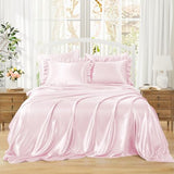Homiest Ruffled Satin Sheets Queen Size 6pc Set - Blush Pink Bed Sheet Set with 15 Inch Deep Pocket Fitted Sheet, 1 Flat Sheet, 2 Ruffled Pillow Shams & 2 Pillowcases, Similar to Silk Sheets Homiest