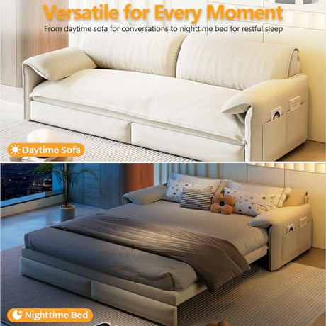 UPYOOE 63.8" Futon Sofa Bed Queen Size, Pull Out Bed, 3-in-1 Convertible Sleeper Sofa with Side Pocket, Modern Velvet Futon Couch for Living Room, Small Space, Apartment, Bedroom, Beige UPYOOE