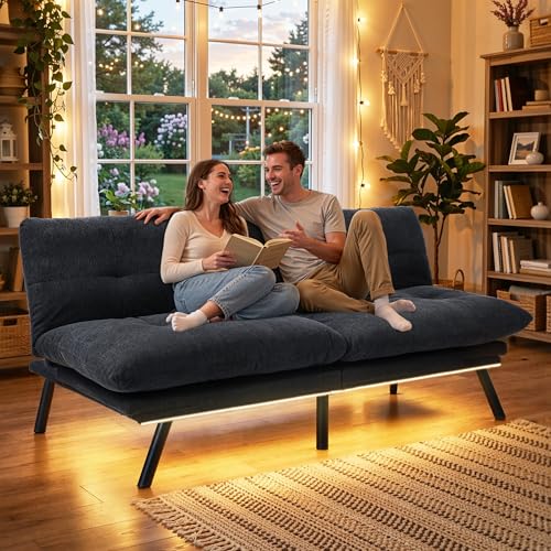 YITAHOME Convertible Futon Sofa Bed with Adjustable 3 Color Light Strip, 70" Folding Futon Set for Living Room Home Office Aprtment, Modern Futon Couch with Adjustable Backrest & Armrests, Black YITAHOME