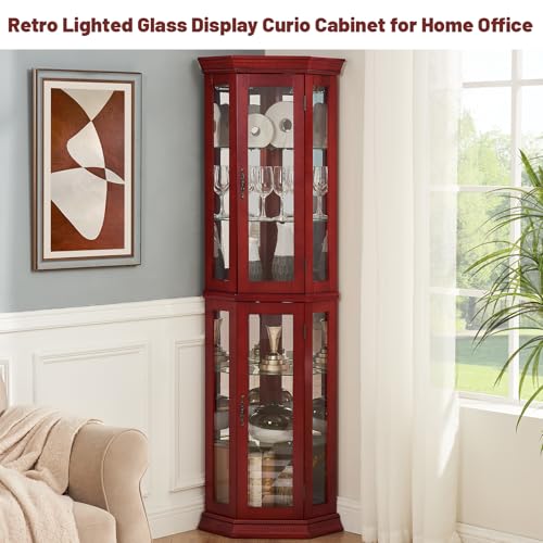 BAOMKONG Tall Corner Cabinet with Glass Doors, Lighted Glass Display Curio Cabinet with Adjustable Shelves, Home Office Floor Standing Display Cabinet for Bar, Liquor Storage and Medal, Cherry BAOMKONG