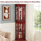 BAOMKONG Tall Corner Cabinet with Glass Doors, Lighted Glass Display Curio Cabinet with Adjustable Shelves, Home Office Floor Standing Display Cabinet for Bar, Liquor Storage and Medal, Cherry BAOMKONG